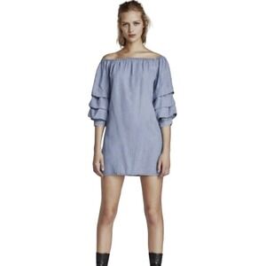 2/$30 Zara Mini Dress Premium Denim Chambray Puff Sleeve Size S Off Shoulder NWT